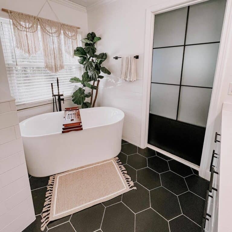 Boho Bathroom With Black Honeycomb Tiles