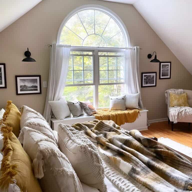 Boho Farmhouse Window Seat Décor With Mustard Accents