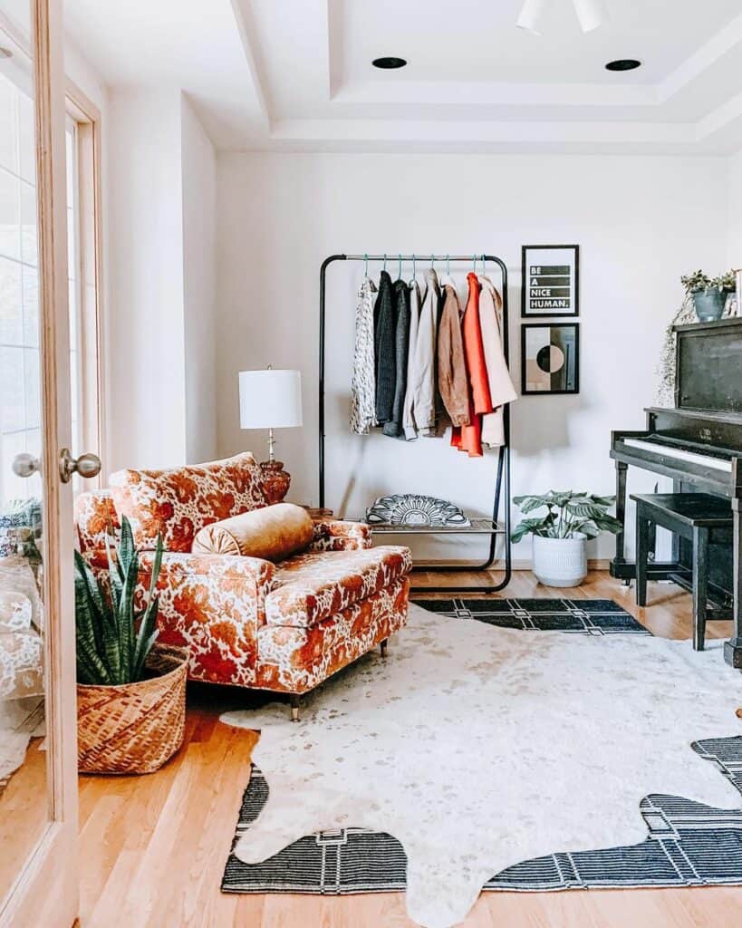 Boho Living Room With Cowhide Rug