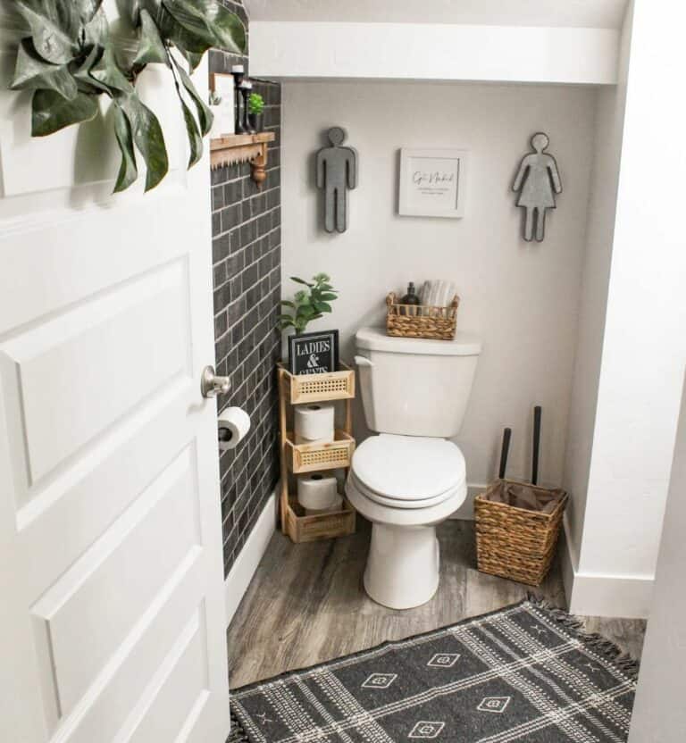 Brick and Wood Bathroom with Modern Baseboards