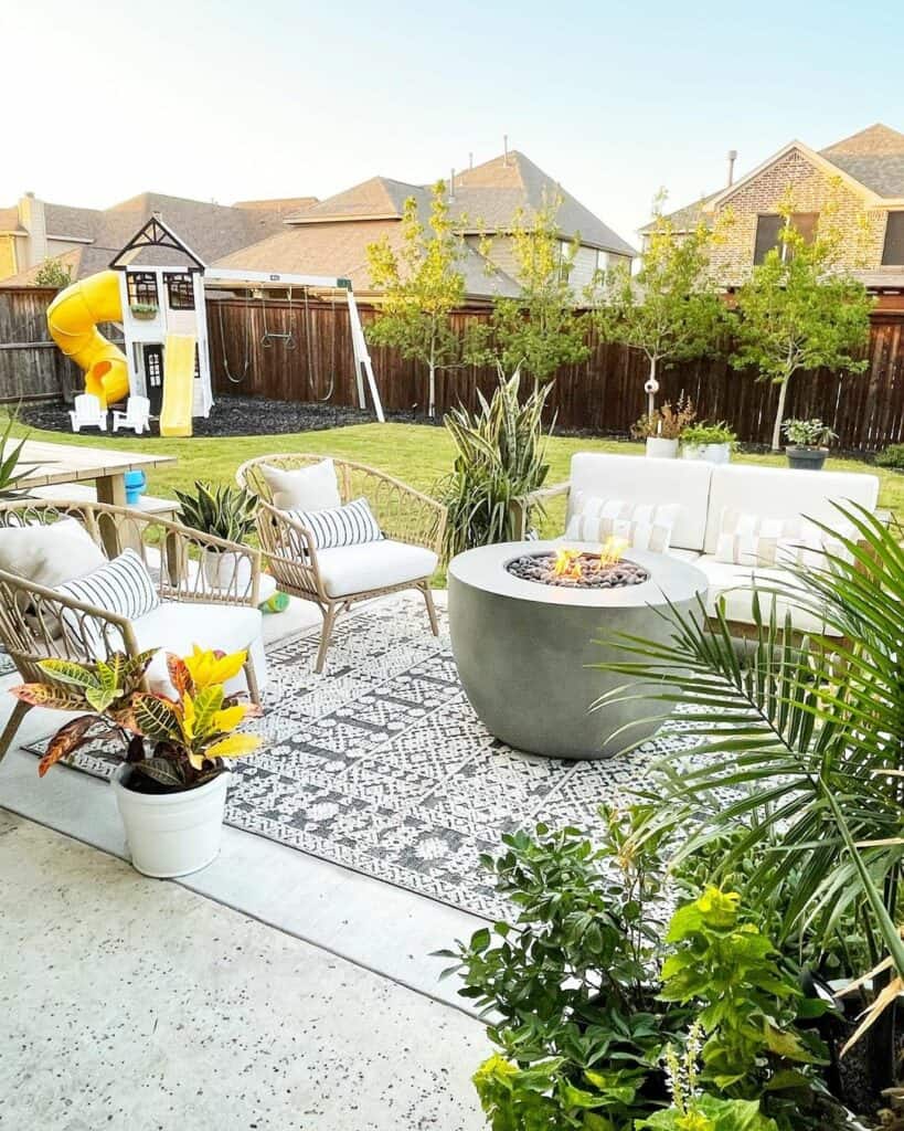 Bright Bohemian Patio With Firepit