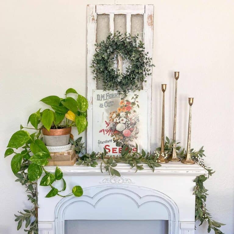 Bright Green Houseplant and Gold Candlesticks