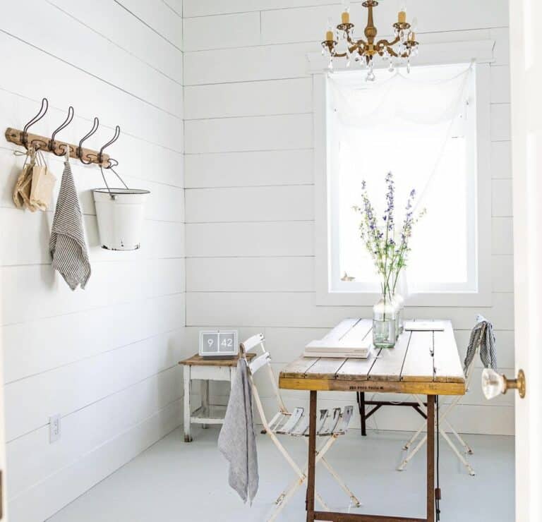 Brown Chandelier Over Farmhouse Desk