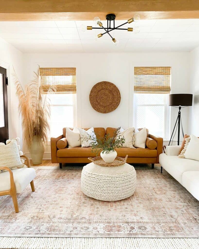 Brown Couch With Bamboo Roman Shades - Soul & Lane