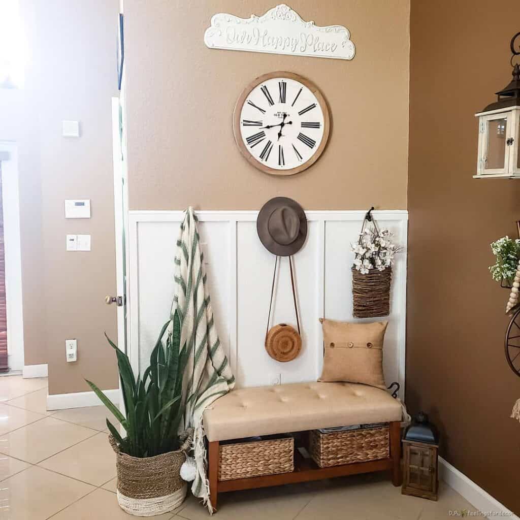 Brown Entryway With Tan and Wood Bench