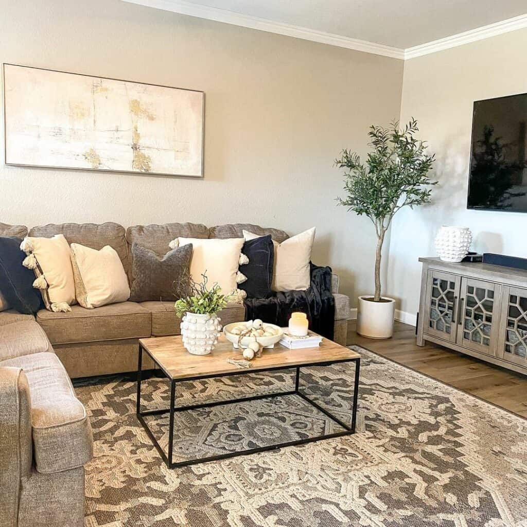 Brown Sectional Against Beige Walls