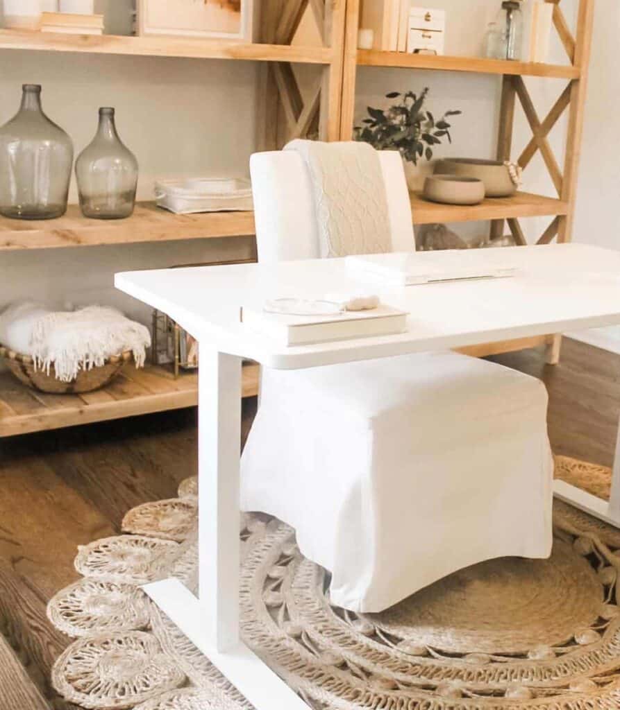 Brown and White Home Office With Wooden Shelves