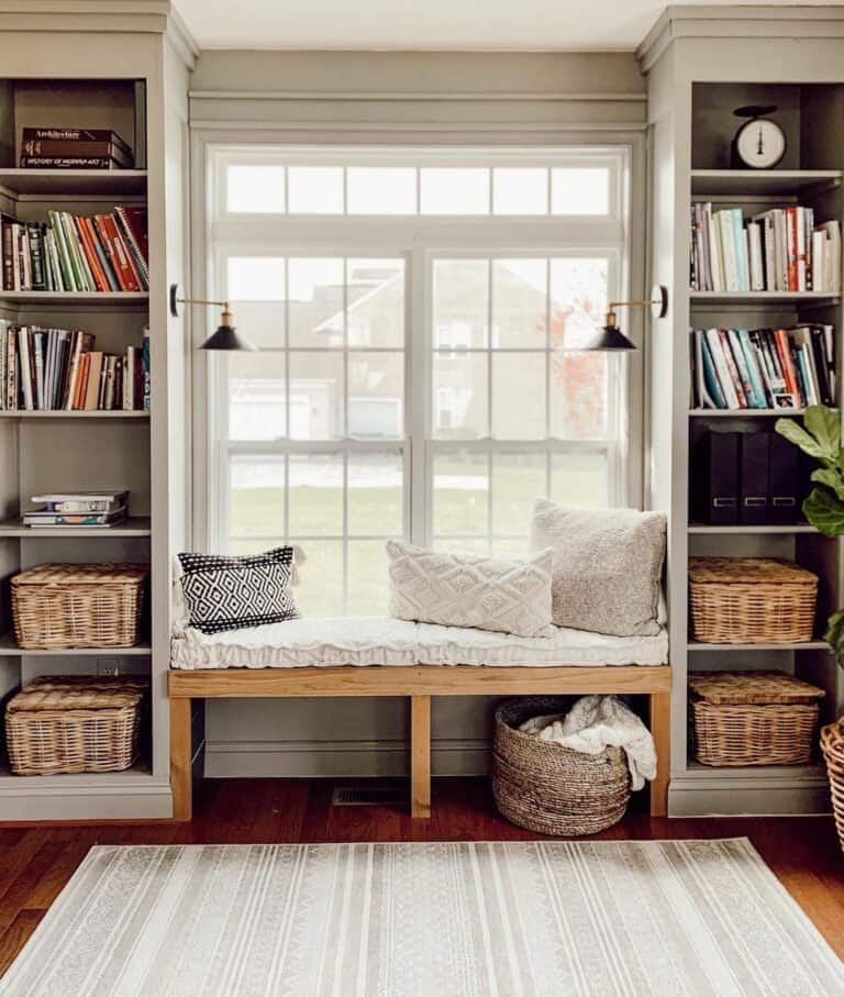 Built-in Shelves With Black Sconces