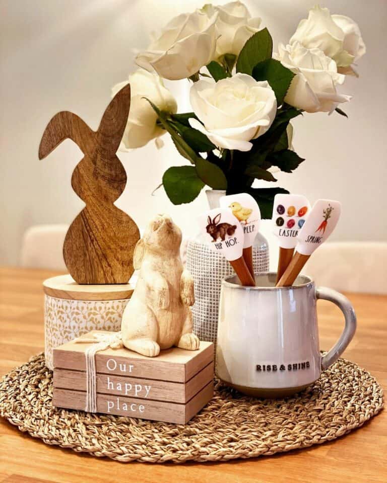 Bunny Décor and a Bouquet of White Roses