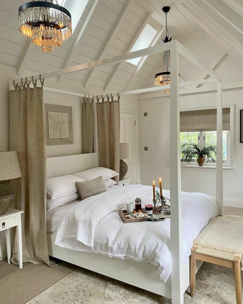 Captivating Farmhouse Bedroom With Cathedral Shiplap Ceiling