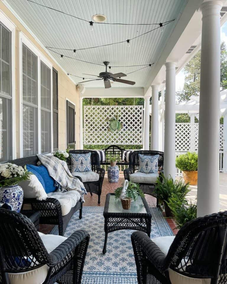 Ceiling Fan and String Lights on Cottage Patio