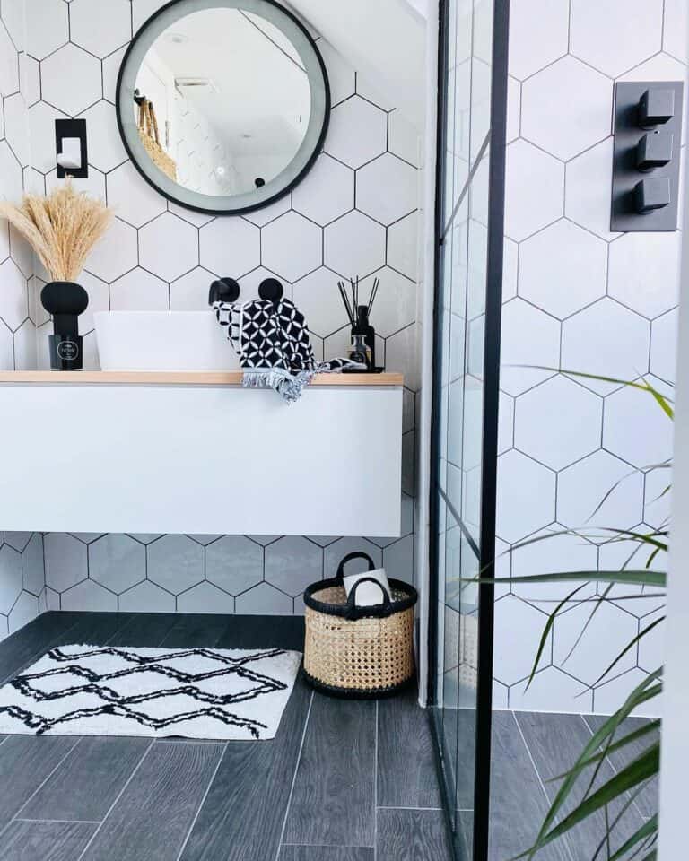 Charming Farmhouse Bathroom With Honeycomb Tile Walls