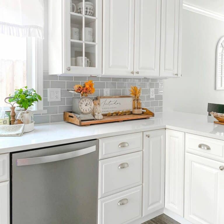 Charming Farmhouse Kitchen With Light Gray Subway Tile