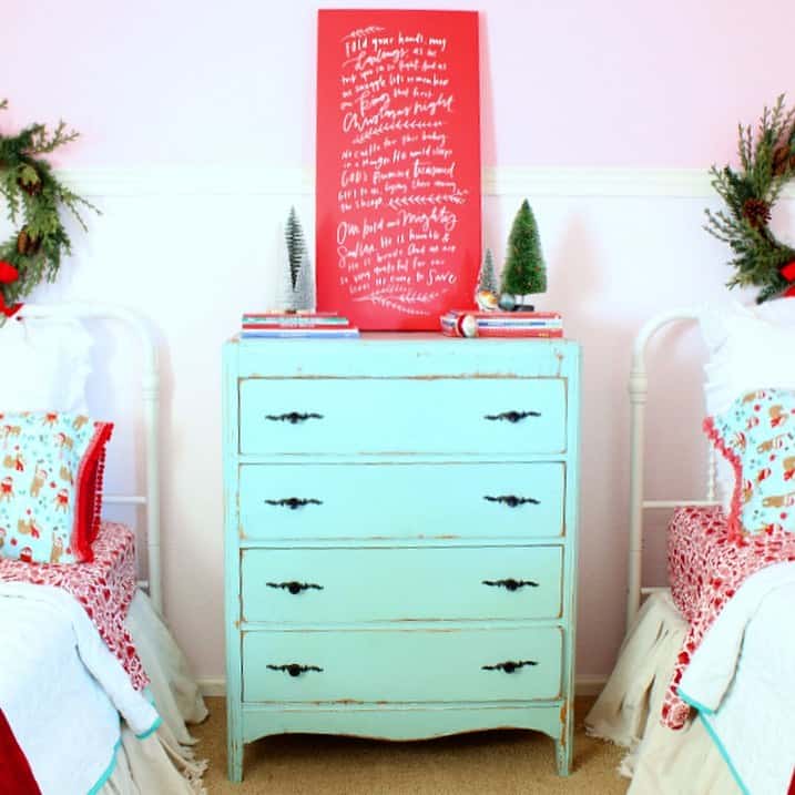 Charming Light Blue and Red Farmhouse Bedroom