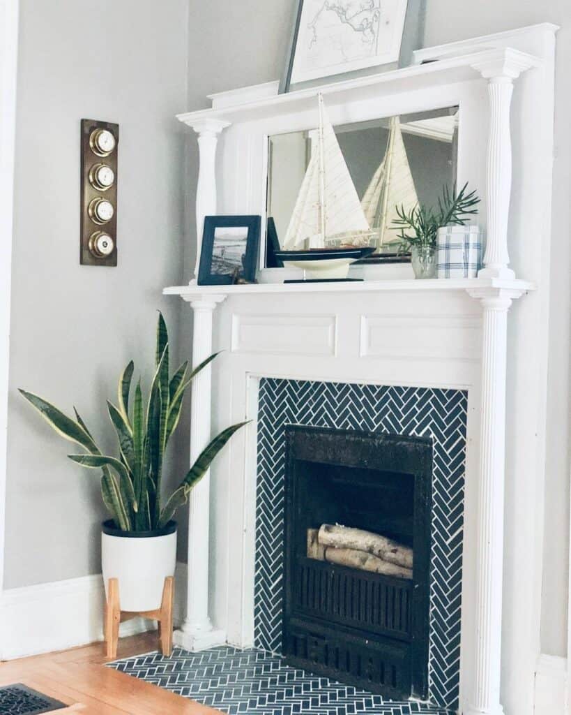 Coastal Blue Herringbone Tile for a Fireplace