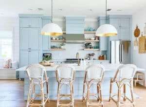 Coastal Farmhouse Kitchen With Baby Blue Cabinets
