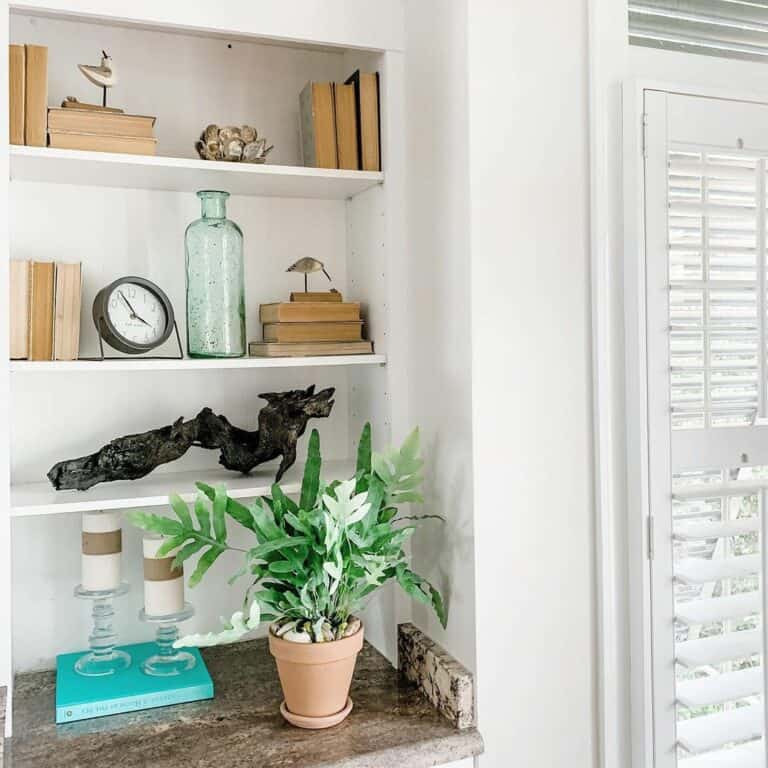 Coastal Living Room Idea With Built-in Shelves