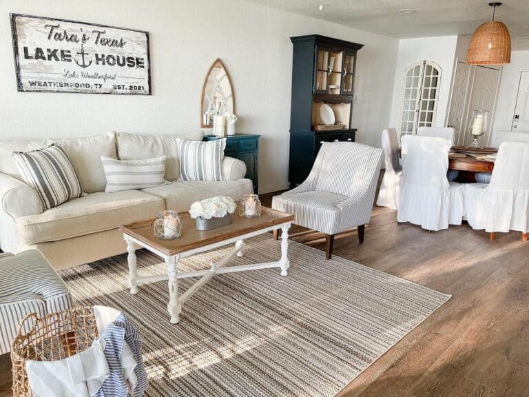 Coastal Living Room With Brown Rattan Chandelier