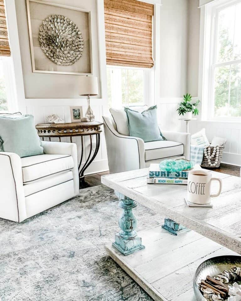 Coastal Living Room With Gray Wooden Table
