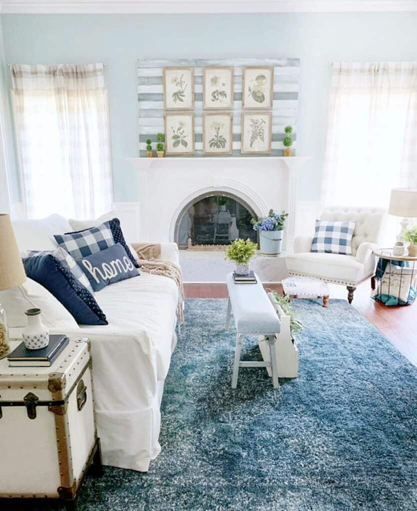 Coastal Living Room With Navy Carpet