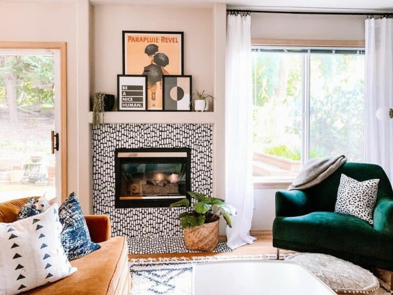 Colorful Living Room With Patterned Fireplace