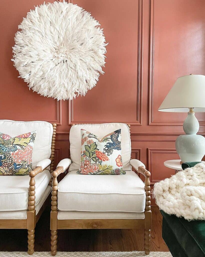 Coral Walls and Feathered Décor