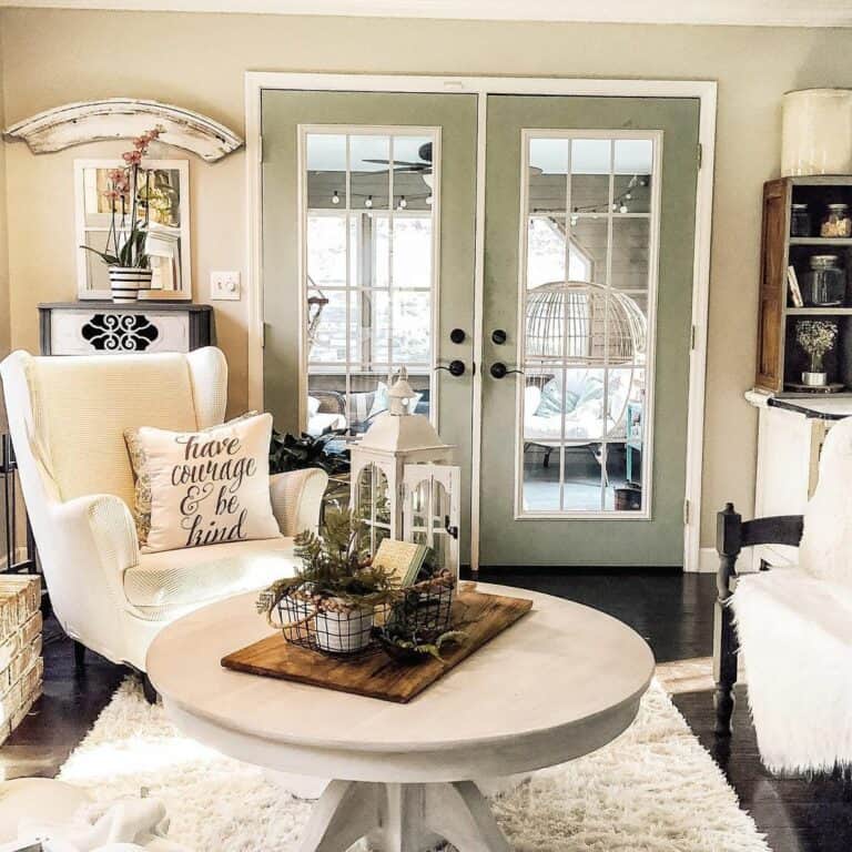 Cottage Farmhouse Living Room With Sage French Doors