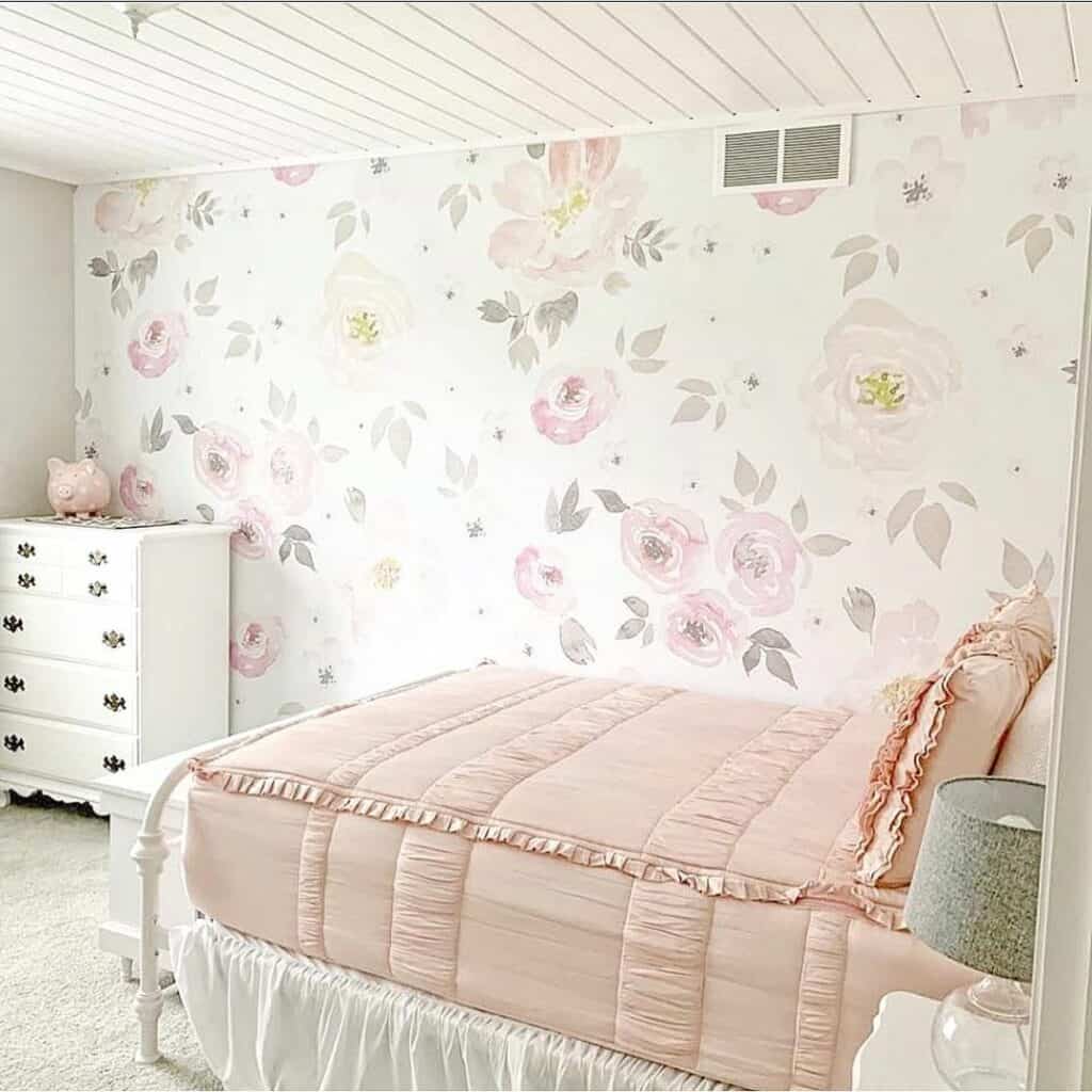 Cottage Flowers Wallpaper for a Pink Girl's Bedroom