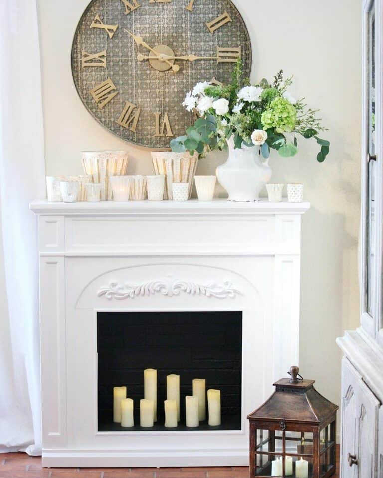 Cottage-inspired White Painted Fireplace With White Candles