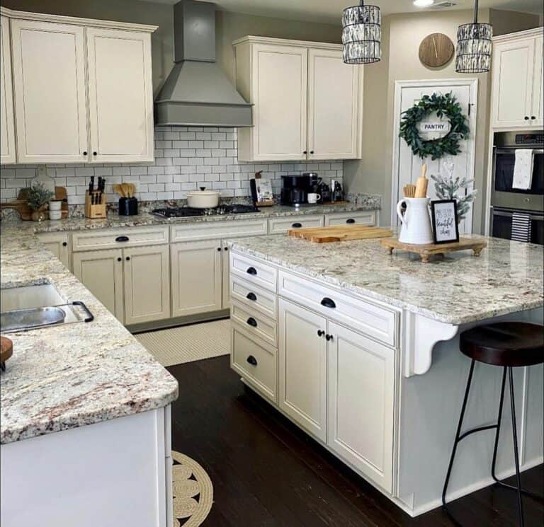 Country-style White Cabinet Kitchen With Light Gray Vent Hood