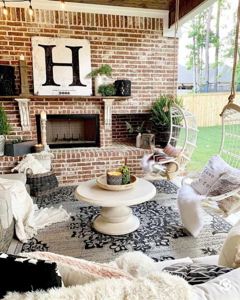 Cozy Farmhouse Patio Fireplace Ideas With Boho Accents