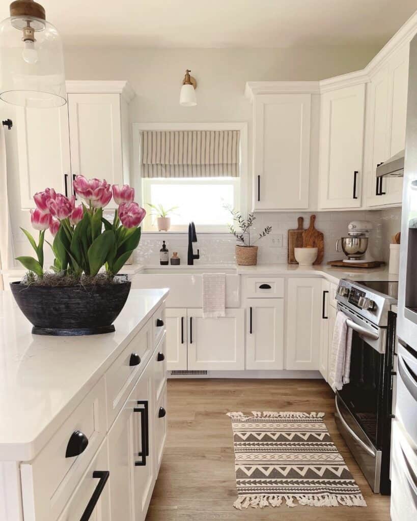 Cozy Farmhouse White Kitchen Cabinets With Black Hardware