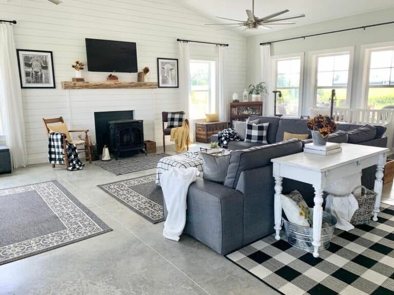 Cute Farmhouse Living Room With Checkered Accents