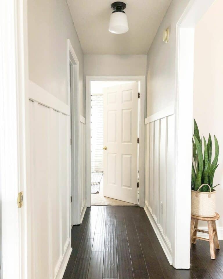 Dark Flooring in Farmhouse Hallway