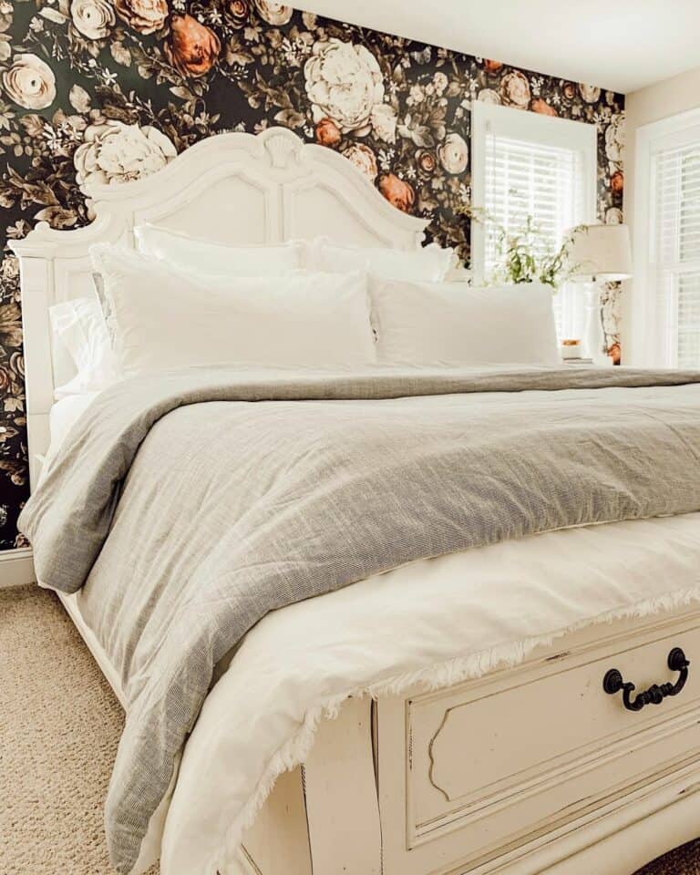 Dark Floral Wallpaper With Simple Bedding