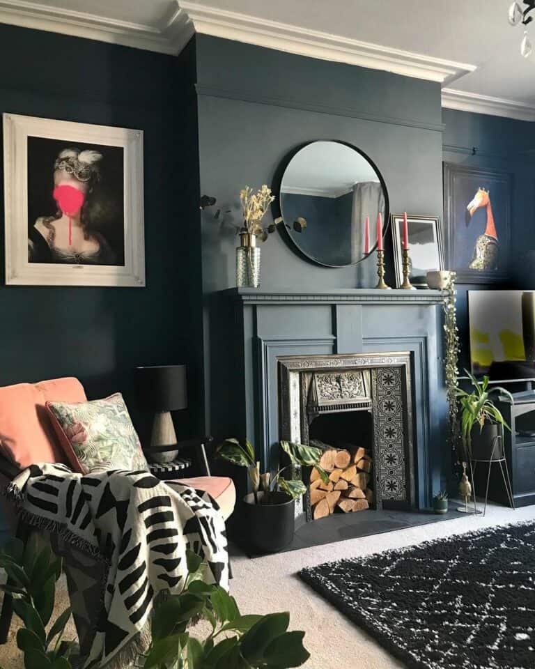 Dark Navy Painted Fireplace Ideas With Abstract Accents