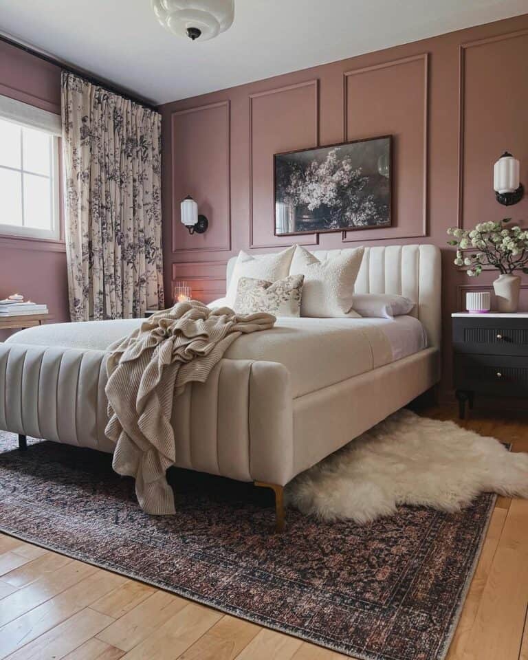 Dark Pink Bedroom With Ivory Tufted Bedframe