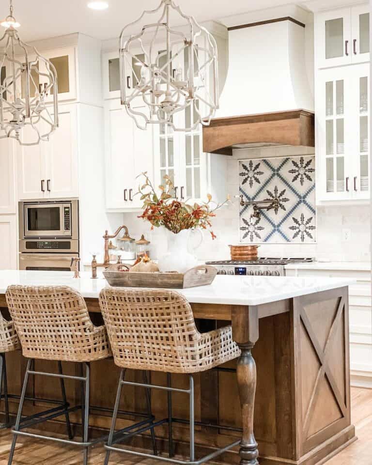 Dark Wood Kitchen Island and White Chandeliers