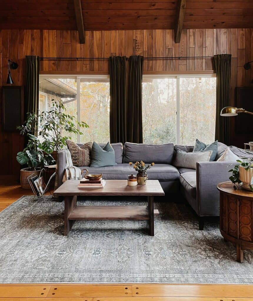 Dark Wood Paneled Living Room Window Treatment - Soul & Lane