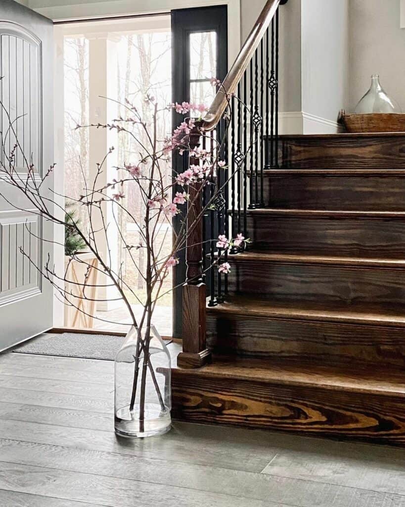 Dark Wood Stairs With Cherry Blossom