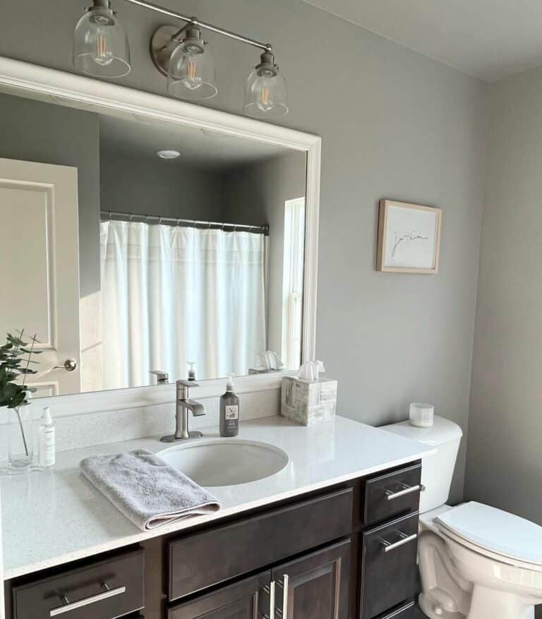 Dark Wood Vanity in Guest Bathroom