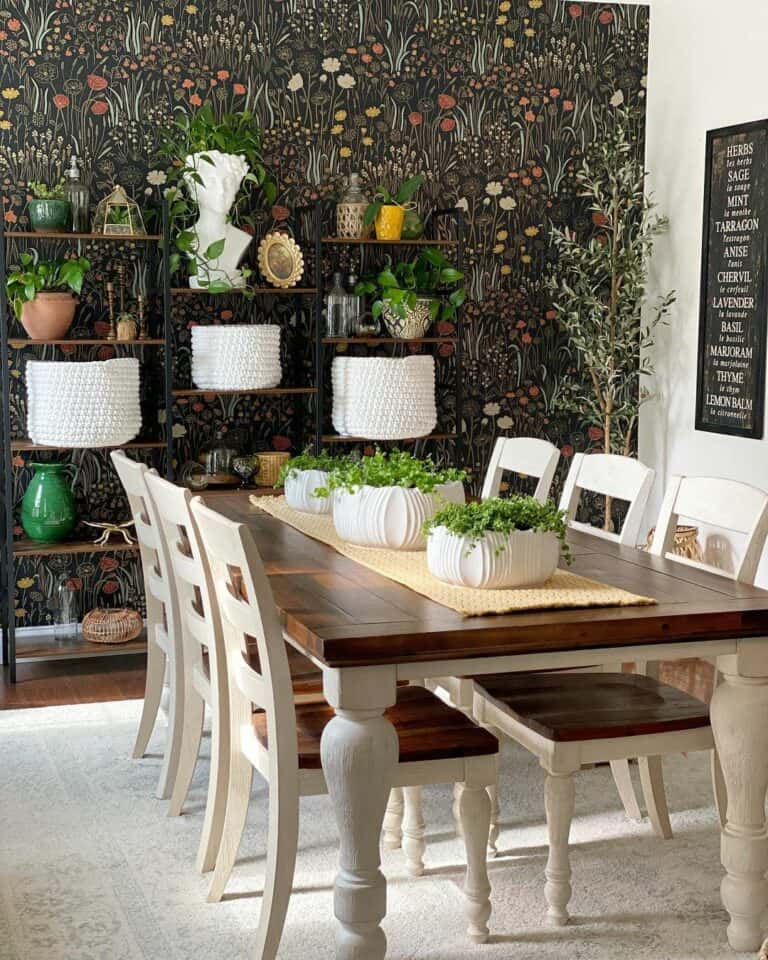 Detailed Dark Florals and Plant Shelves
