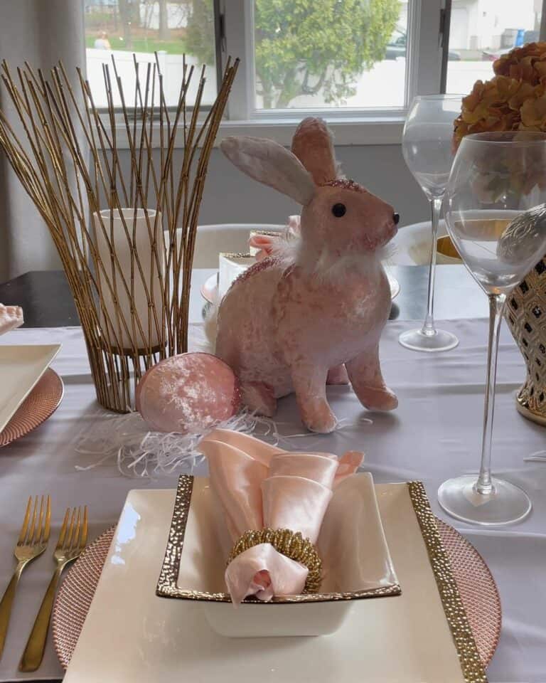 Dining Table With Pink Velvet Easter Bunny