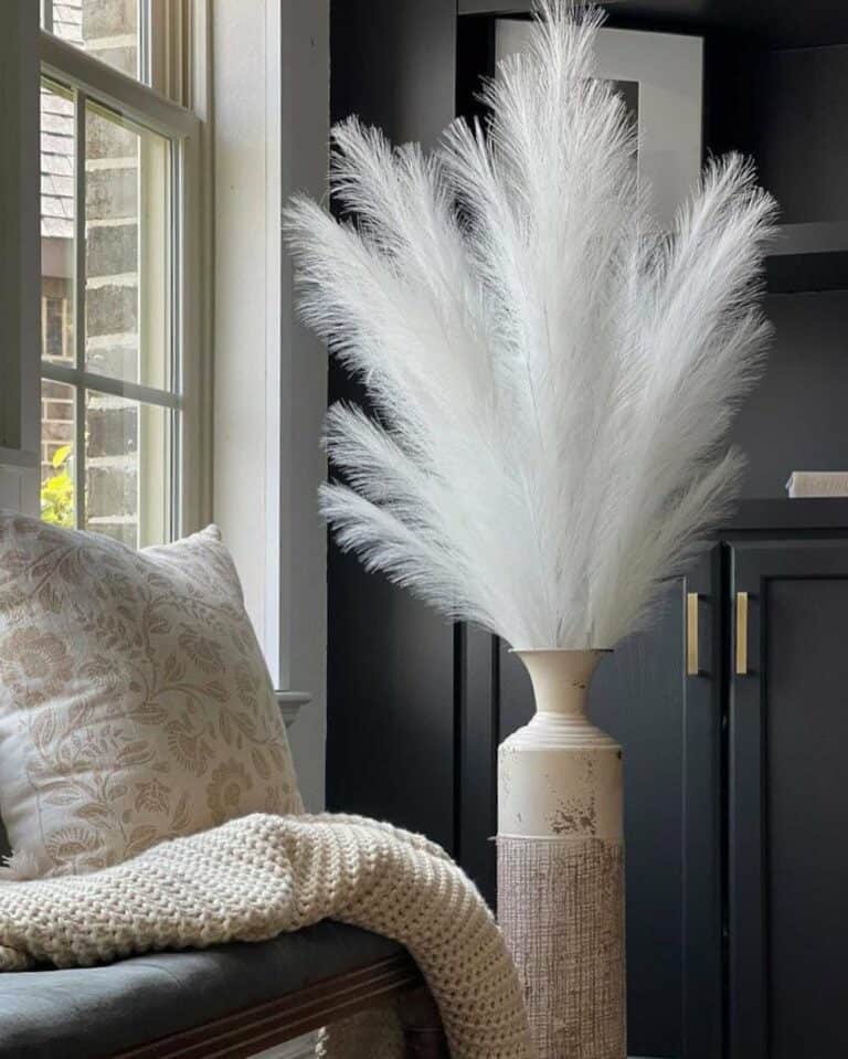 Dramatic Black Shelves With White Pampas Grass