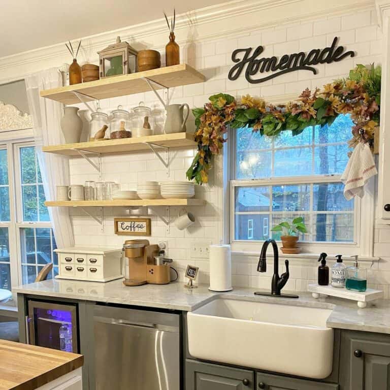 Draped Window Garland in White Kitchen