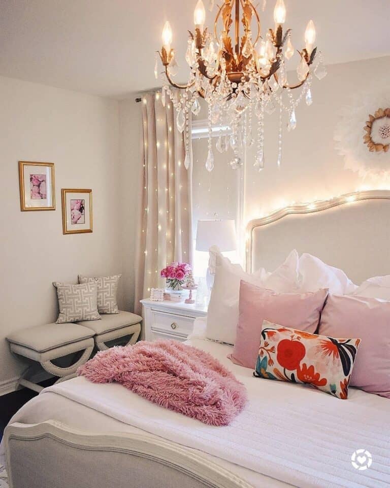 Dreamy Farmhouse Pink Bedroom With Crystal Chandelier