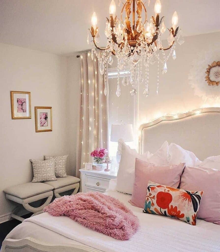 Dreamy Farmhouse Pink Bedroom With Crystal Chandelier