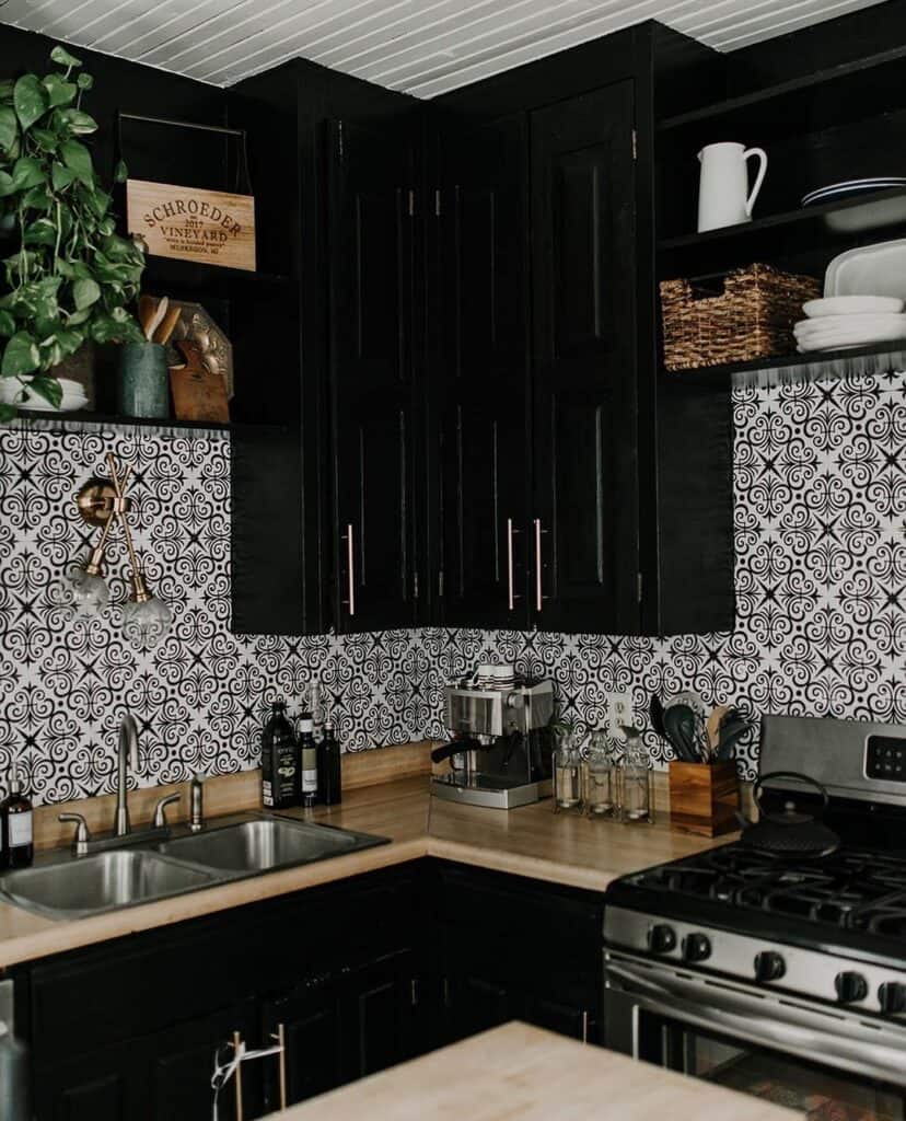 Dynamic Black and Whtie Kitchen With Abstract Backsplash