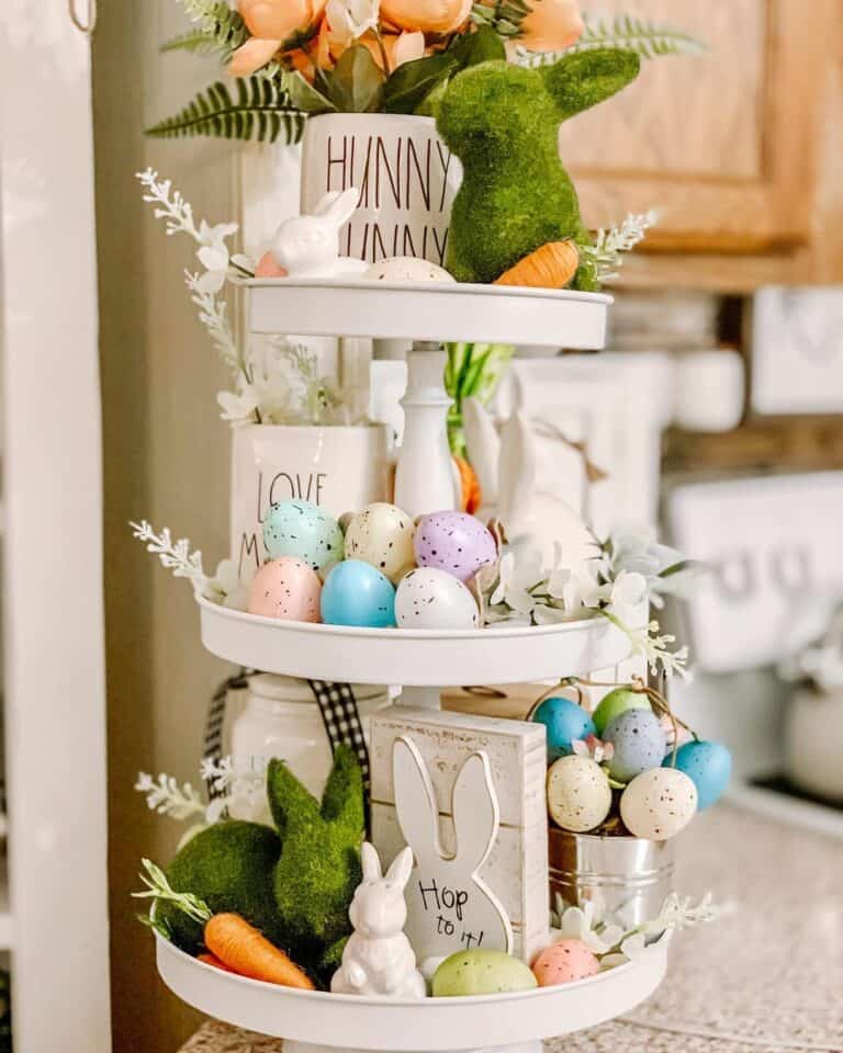 Easter Rabbit Décor on a Three-tiered Tray