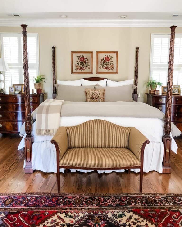 Elegant Bedroom With Tan Bench